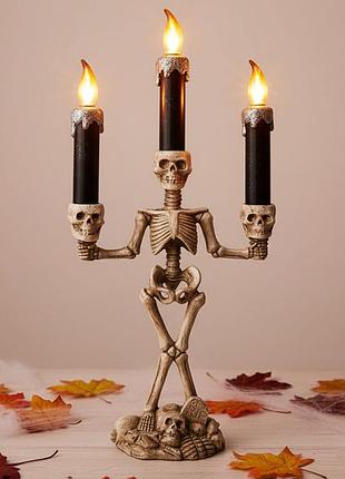 Тройной подсвечник с черепами 36×16 см + led-подсветка, на батарейках
