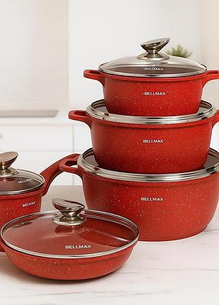 Набір каструль із скороводкою 12 предметів, bellmax cookware set bm-100, червоний