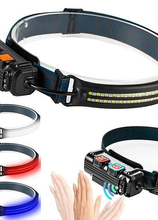 Налобный фонарь (белый + красный + rgb), от usb, bl-w691-2cob