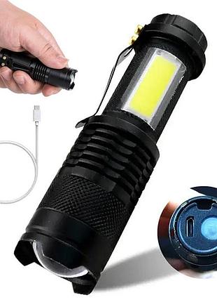 Фонарик ручной аккумуляторный с боковым светом, usb зарядка, кейс, bl-525+cob