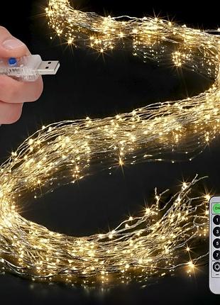 Гірлянда від usb, 5м, 1000led, 20 ниток, кінський хвіст + пульт, теплий білий