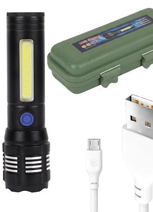 Ручной фонарь аккумуляторный со зумом и боковым светом, от usb, bailong bl-f981