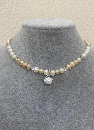 Чокер річкові перлини округлі d-6,5х6мм+- гірський кришталь гладка кулька d-4,5мм+- підвіска 10мм+- змінна довжина