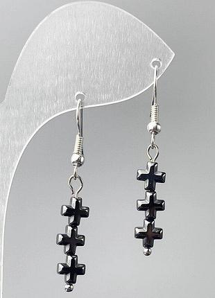 Серьги гематит кресты d-6х20мм+- l-41мм