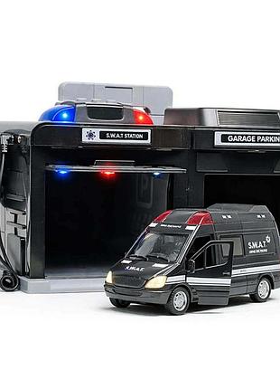 Игровой набор гараж s.w.a.t clm-558 с машинкой — свет, звук, рация, металлическое авто 16 см, сирена, двері