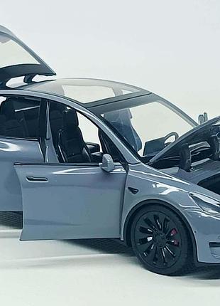 Машинка tesla model y с зарядной станцией — автопром, 1:24 (18 см), серая, ap7711-5