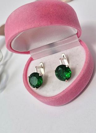 Серебряные серьги с большим зеленым камнем серебро 925 пробы 2455зел 3.40г