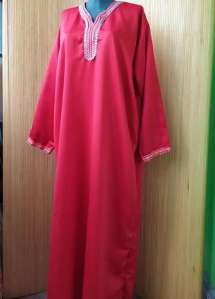 Атласне червоне довге плаття етно / стиль бохо з вишивкою / абая / галабея2 фото