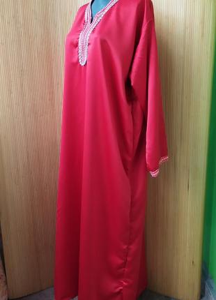 Атласне червоне довге плаття етно / стиль бохо з вишивкою / абая / галабея4 фото
