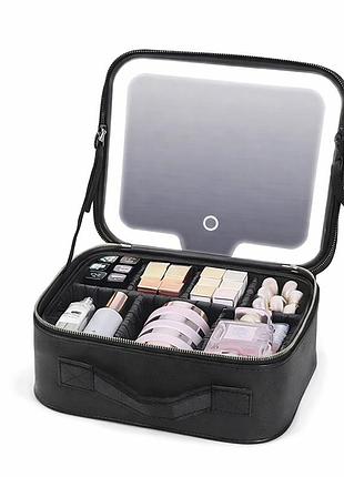 Косметичка-органайзер для косметики с led зеркалом cosmetic club, дорожный кейс для макияжа с подсветкой черный