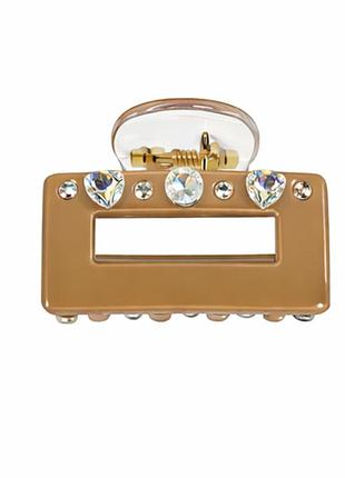 Заколка-крабик прямоугольный со стразами fashion пластиковый с пружинным зажимом коричневый