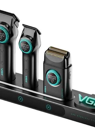 Комплект для стрижки 3в1 vgr v-977 з зарядною станцією 14 насадок машинка для стрижки тример та шейвер з підсвіткою чорний