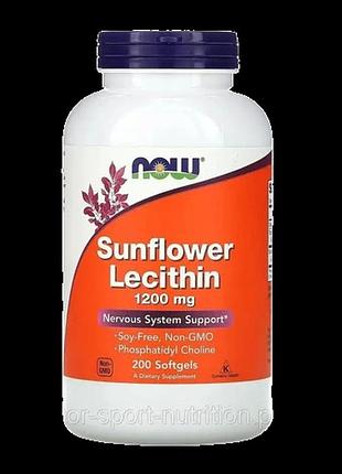 Подсолнечный лецитин now foods sunflower lecithin 1200 мг, 200 капсул