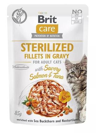 Вологий корм brit care cat sterilized для стерилізованих котів тунець та лосось 85 гр.