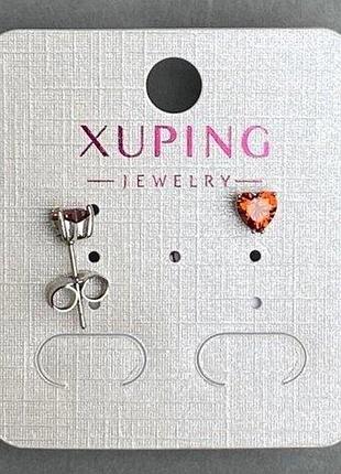 Серьги пусеты кульчики xuping сердце с красным кристаллом d-5мм+- родий