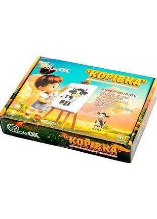Деревʼяний пазл-розмальовка а5 "корівка" puz-22936 пензлик, фарби, клейка плівка