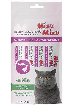 Ласощі для котів крем-снек miau miau, 4 шт по 15 г лосось з качкою