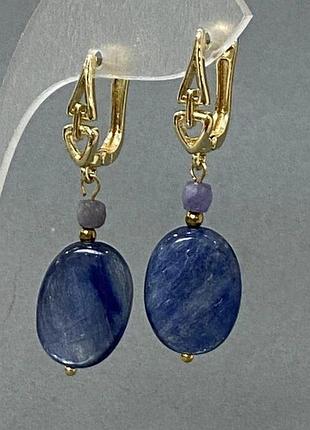 Серьги кианит овал 18х13мм+- иолит граненый кубик d-4х4мм+- l-43мм+-