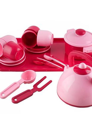 Ігровий набір посуду 70309 (pink) з чайником, каструлею та тацею