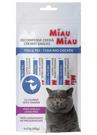 Ласощі для котів крем-снек miau miau, 4 шт по 15 г тунець з куркою