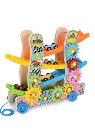 Деревянная игрушка "трек" md2594 каталка, машинки 4см 3шт, шестеренки