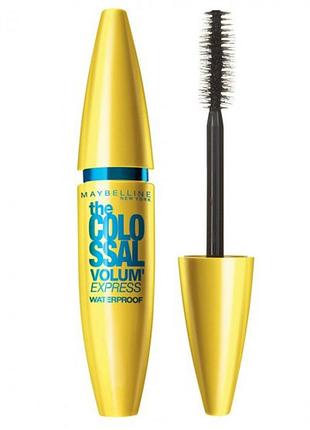 Водостійка туш для вій maybelline volum express colossal waterproof 100% black