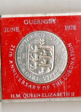 Гернси 25 пенсов, 1978 королевский визит медно-никелевый сплав, 28.28g, ø 38.61mm