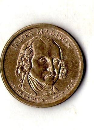 Сша 1 долларов, 2007 4-й президент сша - джеймс медисон (1809-1817) медь с марганцево-платунным покрытием, 8.1g, ø 26.5mm no3333