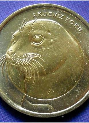 Турция 1 лира, 2013 тюлень-монах биметал, 8.3g, ø 26.15mm noб