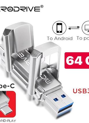 Флешка usb microdrive 64gb usb 3.2 з вбудованим перехідником роз'ємом type-c для смартфонів. модель слайдер