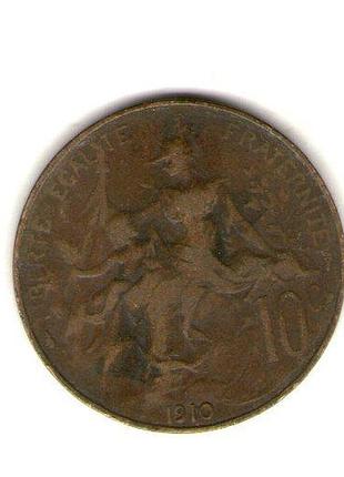 Франция 10 сантимов, 1910 год бронза, 10g, ø 30mm no3514