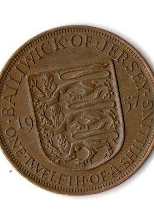 Джерси королева елизавета ii 1/1288дра, 1957 год бронза, 9.5g, ø 30.8mm no1656