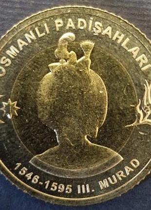 Турция 1 лира, 2025 султаны османской империи - мурад iii биметал, 7.45g, ø 27.15mm no3389