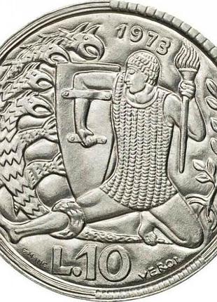 Сан марино 10 лир, 1973 алюминий, 1.6g, ø 23.3mm no1585