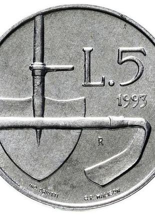 Сан марино 5 лир, 1993 алюминий, 1g, ø 20.2mm no3506