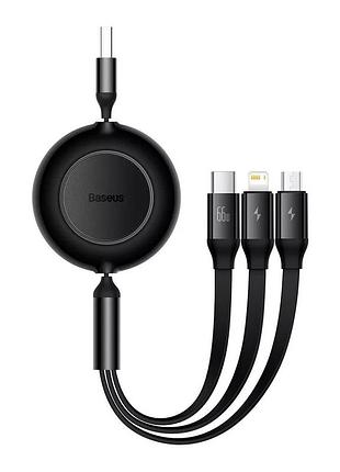 Кабель baseus bright mirror 2 series retractable 3-in-1 fast charging data cable usb m+l+c 66w 1.1m black (camj010101) черный 2