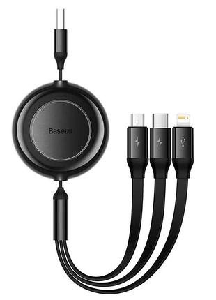Кабель baseus bright mirror 2 series retractable 3-in-1 fast charging data cable usb m+l+c 66w 1.1m black (camj010101) черный 3