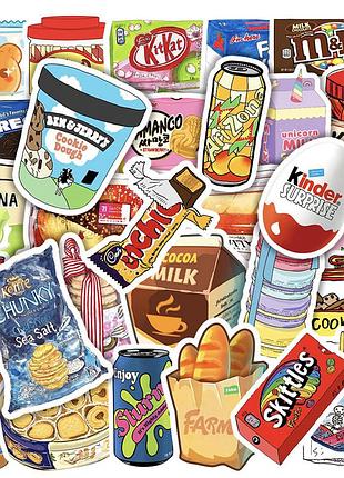 Набор стикеров 50 шт вкусняшки бренды снеки водонепроницаемые для телефонов, скейтбордов, ноутбуков и игрушек