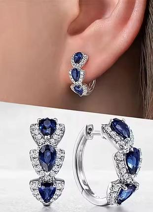 Сережки женские с синими камушками fashion jewelry серебристые