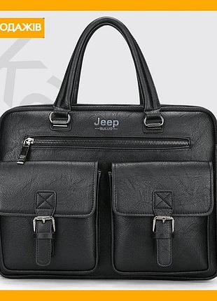 Мужской деловой портфель jeep формат а4 для документов офисная сумка для работы из эко кожи с плечевым ремнем