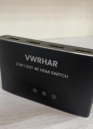 Б/в hdmi switch перемикач hdmi 3 в 1 вихід 4k uhd hdmi (ручне перемикання)