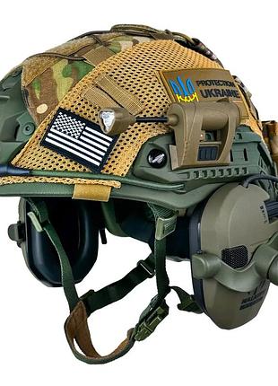 Захисний комплект шолом fast nij iiia + навушники walkers razor slim з чебурашкою + ліхтарик + кавер (розмір s)