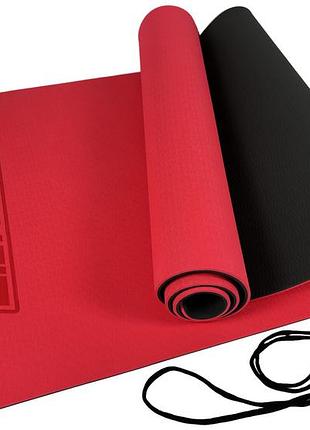 Коврик для йоги и фитнеса easyfit tpe+tc 6 мм двухслойный красный-голубой стяжки в комплекте, 6.0, красный-черный