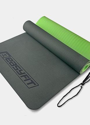 Коврик для йоги и фитнеса easyfit tpe+tc 6 мм двухслойный красный-голубой стяжки в комплекте, 6, черный-зеленый