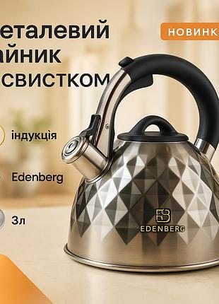 Стильный чайник из нержавеющей стали с свистком edenberg eb-8833 3л, нержавеющие чайники со свистком wb-68