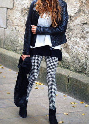 Стильные женские брюки лосины леггинсы janina в гусиную лапку xs 42 черно-белый принт джеггинсы на талии резинка плотные скинни skinny