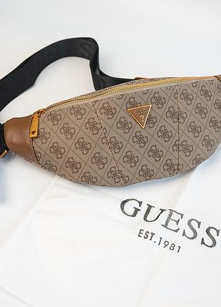 Мужская брендовая сумка бананка на пояс и на грудь (слинг) guess (7518) светло коричневая