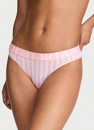 Рожеві трусики victoria’s secret оригінал exploded logo cotton thong лого резинка рожева смужка