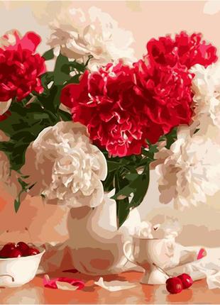 Картина за номерами червоно білі півонії букет квіти червоні і білі півонії полотно