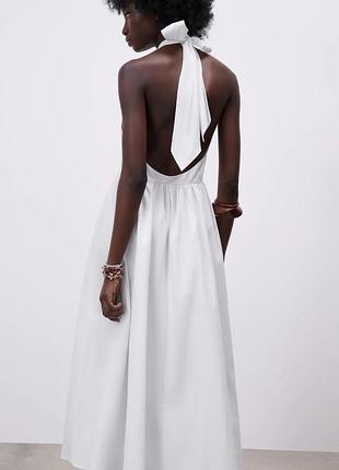 Zara платье миди белое халтер (halter neck) с открытой спиной 100% хлопок m